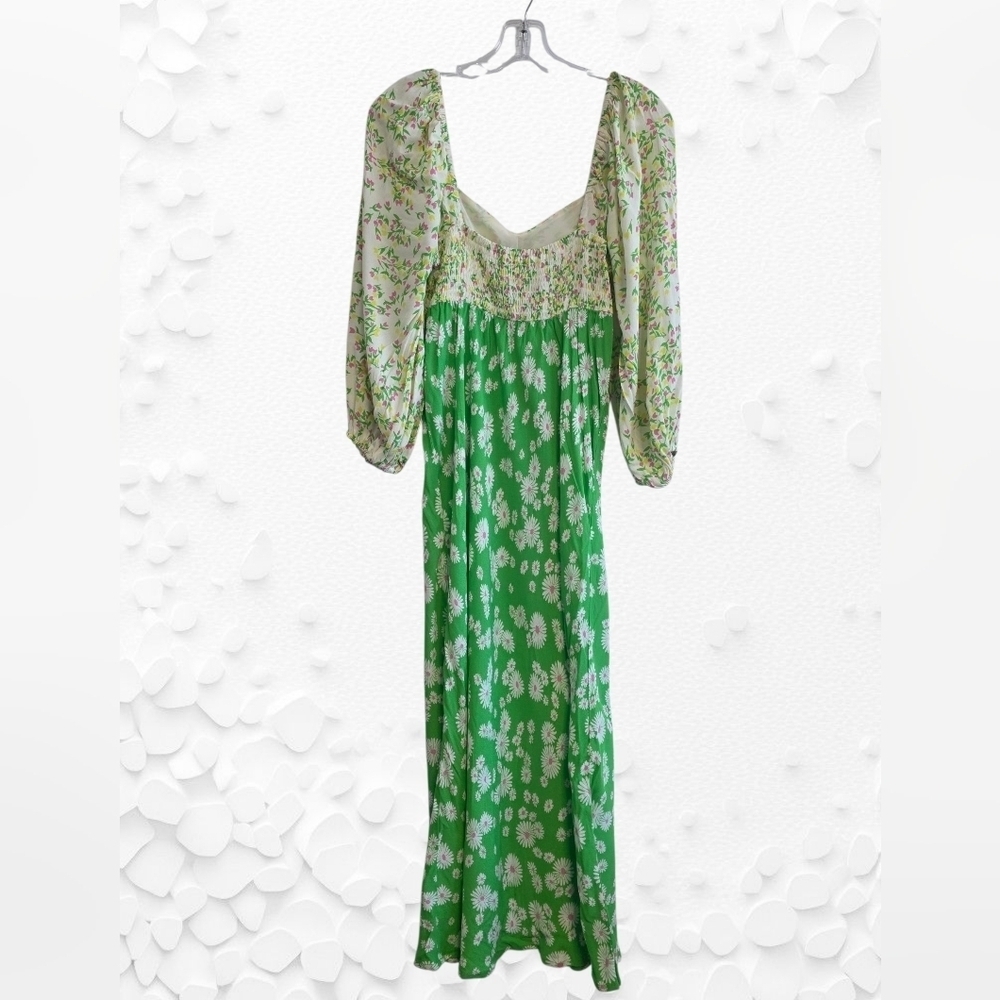 RIXO Green and White Floral Puff Sleeve Dress Size 4 - Picture 2 of 7